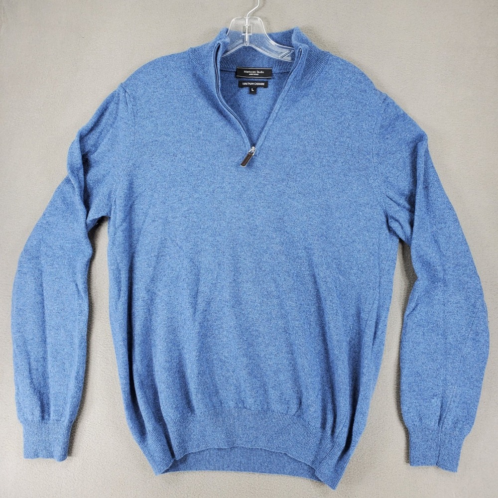 Mantovani Studio Quarter Zip Pullover Mens L Blue 100% Italian Cashmere Sweater
